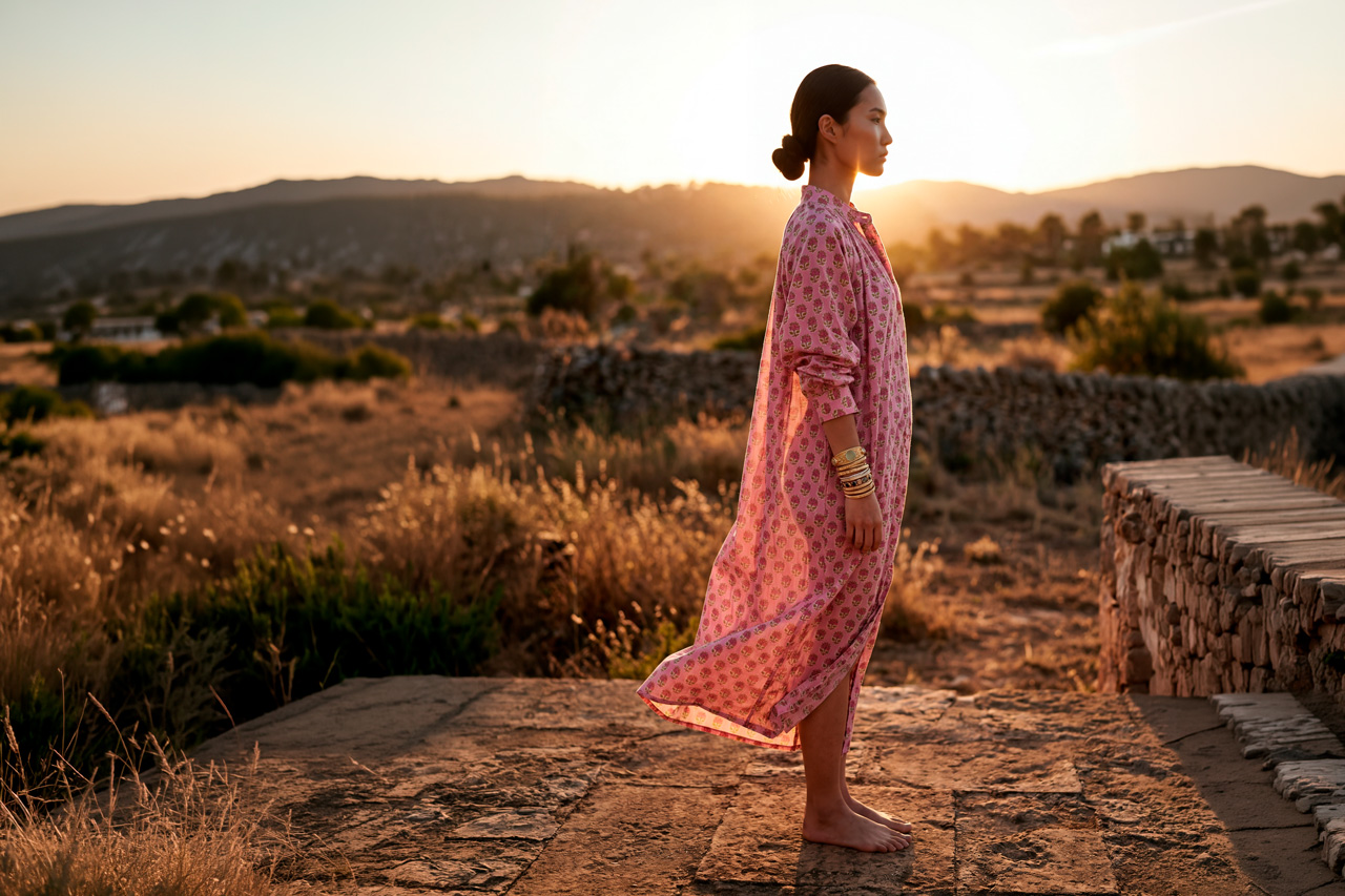 photo d'une mannequin portant la robe rose de l'atelier plume